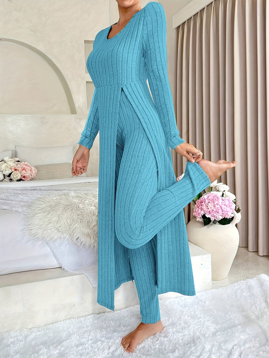 Women's Ribbed Two-Piece Lounge Set Longline Split-Hem Long-Sleeve Pants Cozy