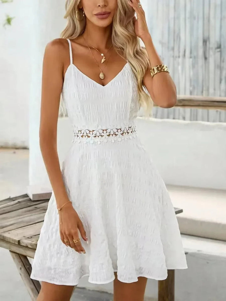 Women's Spaghetti Strap Mini Dress V-Neck Floral Lace A-Line Flowy