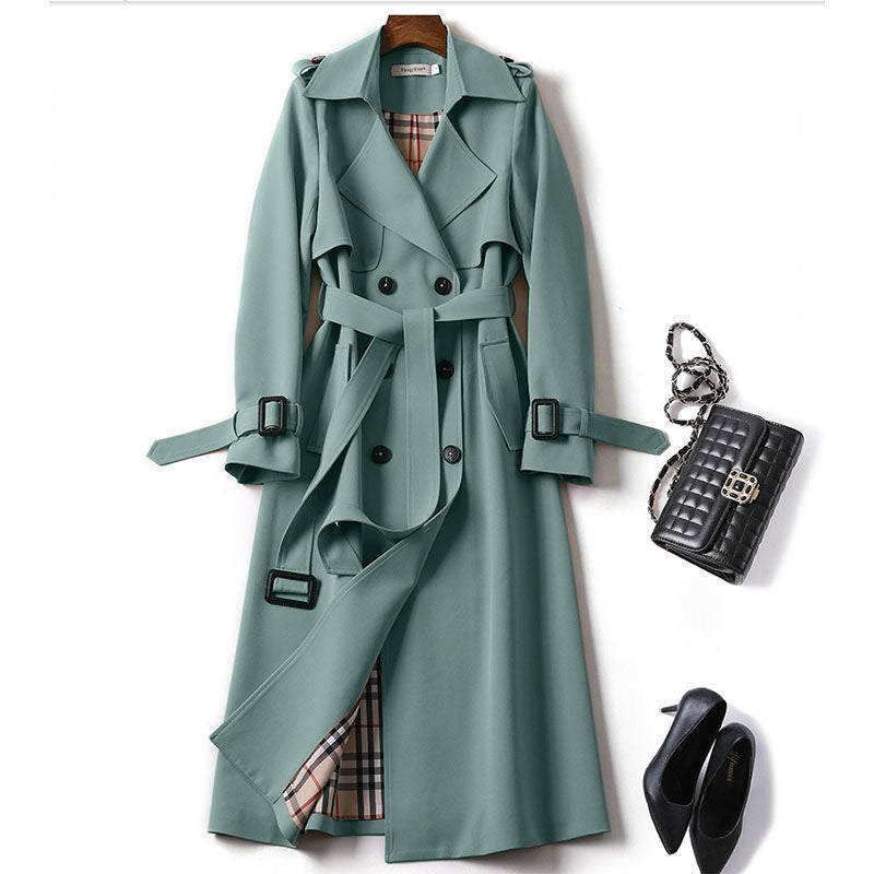 Women's Double-Breasted Trench Coat Notch Lapel Belted Longline Storm-Flap Classic