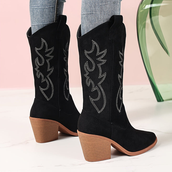 Women's Suede Western Boots Embroidered Block Heel Pointed-Toe Black