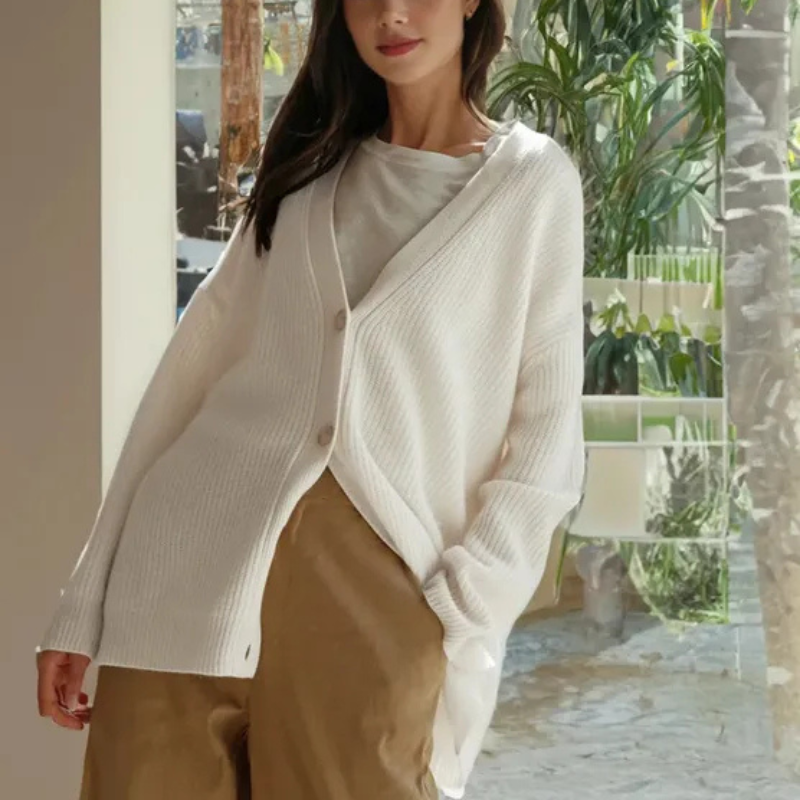 Women's Fine Ribbed Knit Cardigan V-Neck Button-Front Relaxed Longline