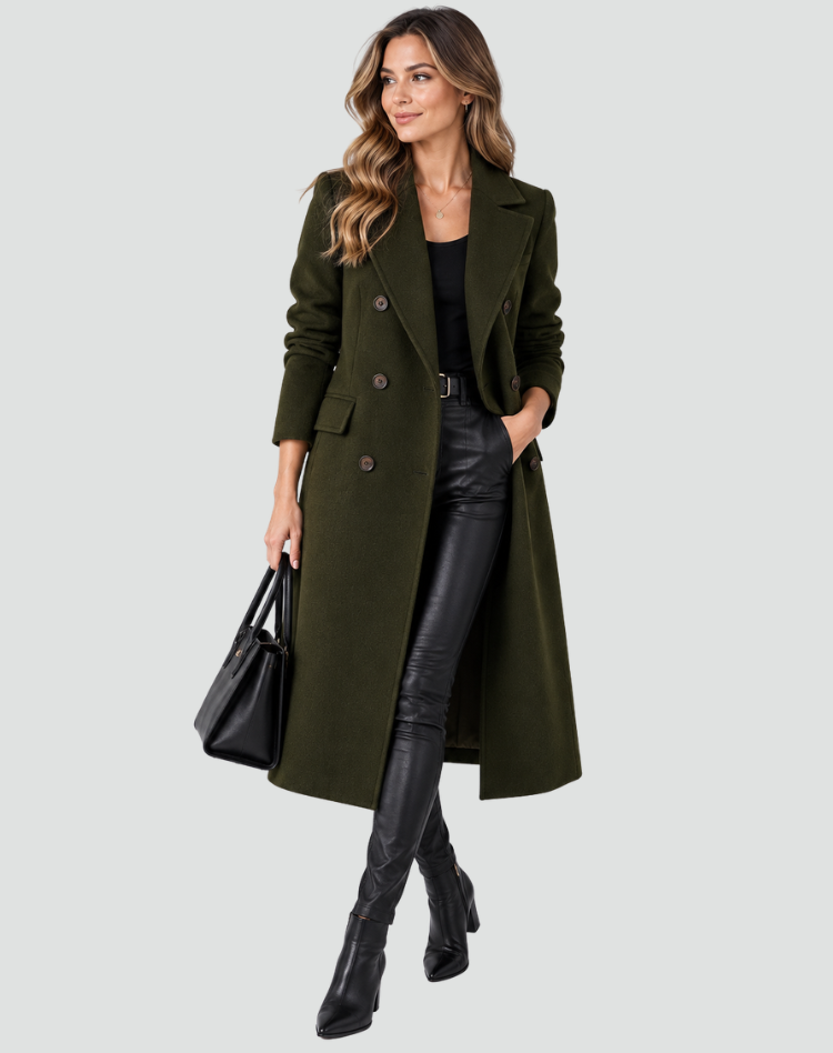 Women's Long Double-Breasted Wool Coat Notch Lapel Tailored Winter Overcoat