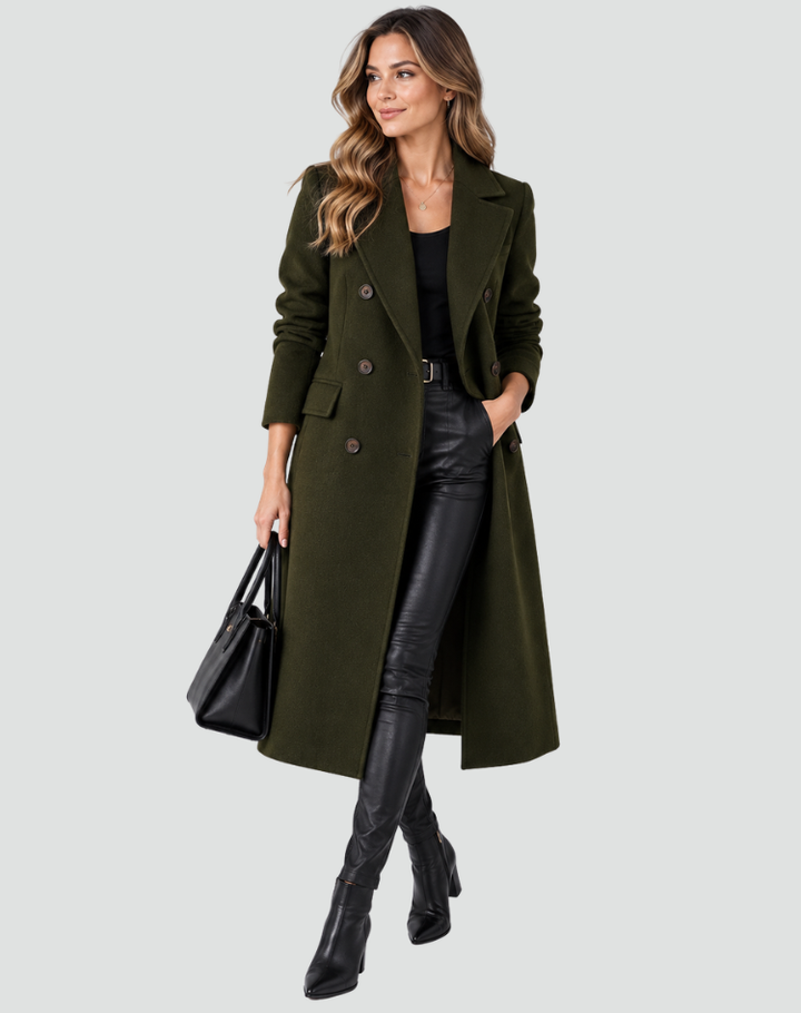 Women's Long Double-Breasted Wool Coat Notch Lapel Tailored Winter Overcoat