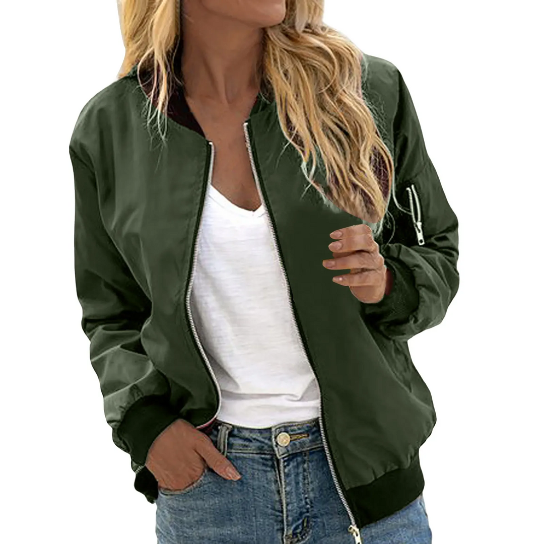 Women's Lightweight Zip-Up Bomber Jacket Ribbed Trim Sleeve Pocket Moto