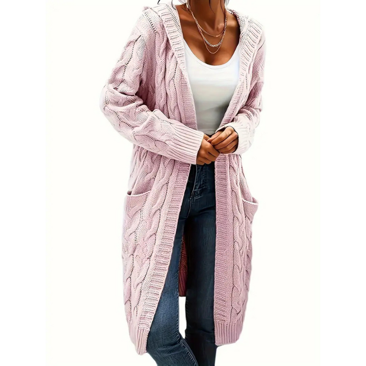 Women's Long Cable Knit Hooded Cardigan Open Front Patch-Pocket Longline