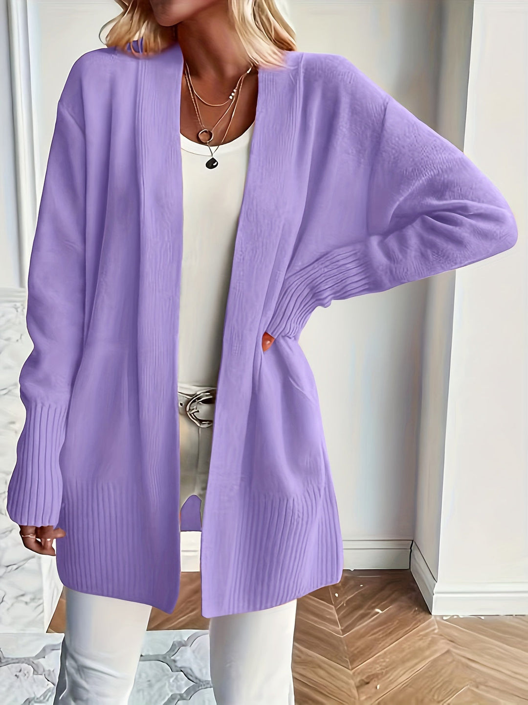 Women's Wool Blend Open-Front Cardigan Ribbed Longline Patch-Pocket Relaxed