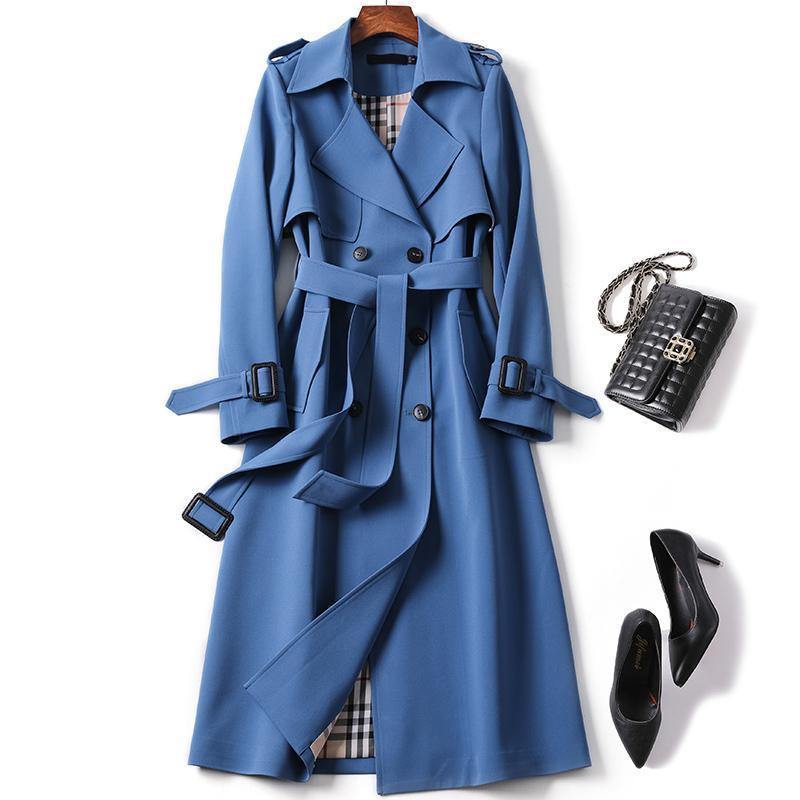 Women's Double-Breasted Trench Coat Notch Lapel Belted Longline Storm-Flap Classic