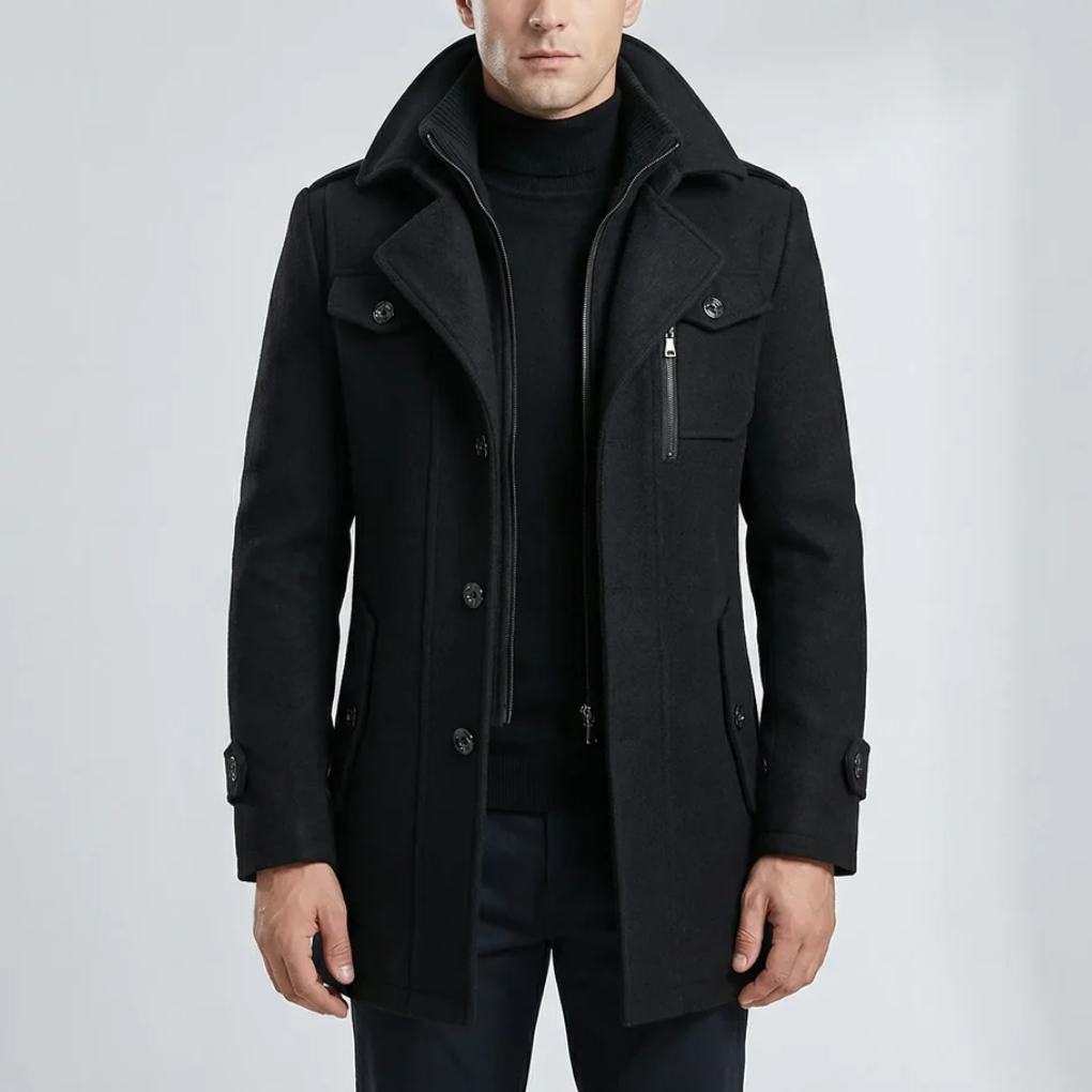 Men's Wool Blend Coat Mid-Length Layered Collar Button-Zip Winter