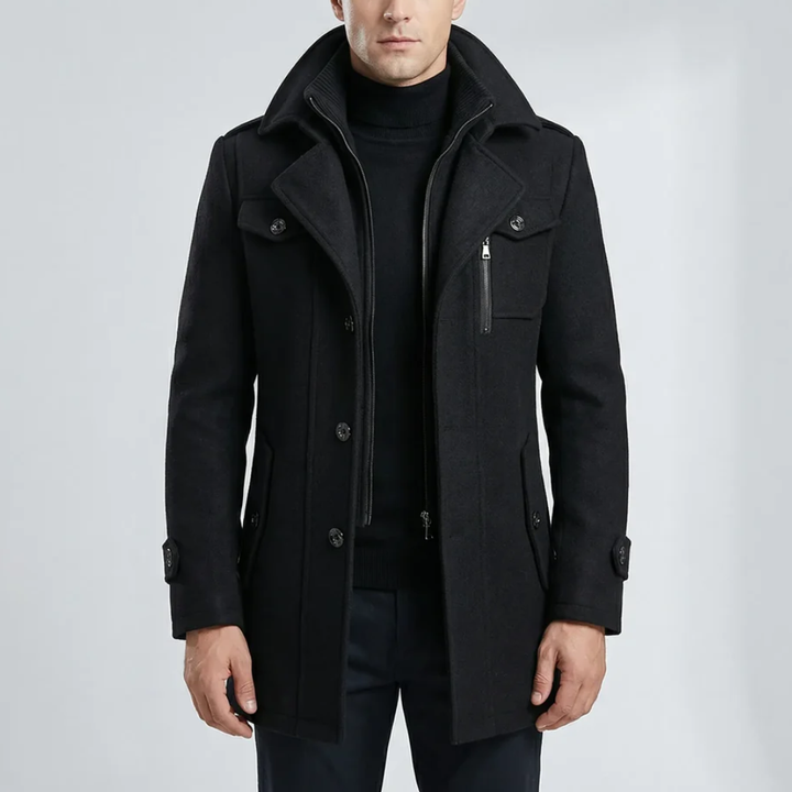 Men's Wool Blend Coat Mid-Length Layered Collar Button-Zip Winter