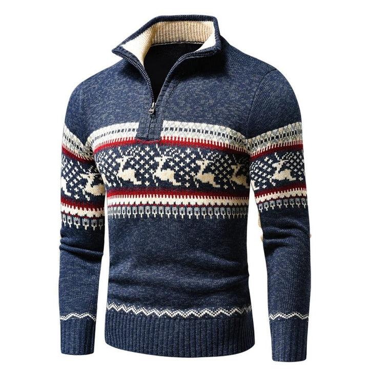 Men's Festive Christmas Sweater Reindeer Fair Isle Quarter-Zip Stand Collar