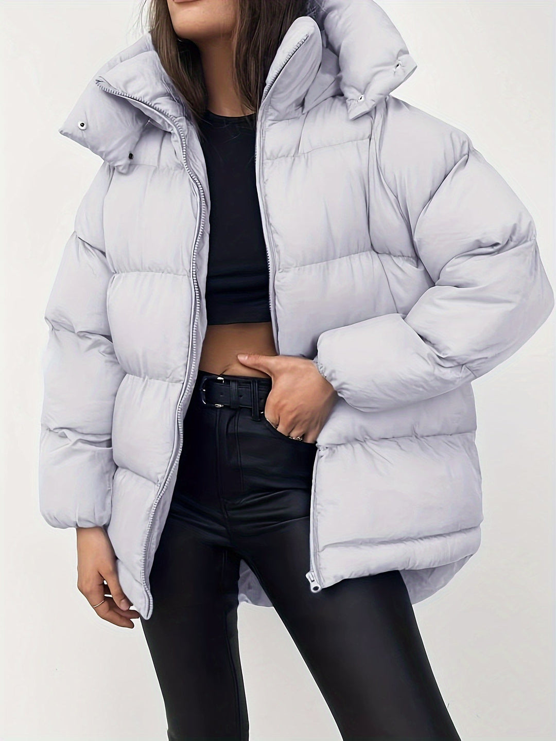 Women's Hooded Longline Oversized Puffer Jacket Zip-Up Winter Coat