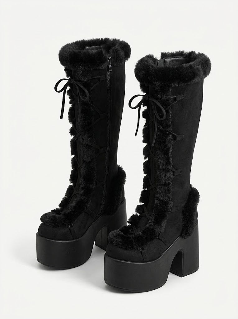 Women's Suede Platform Knee-High Snow Boots Faux-Fur Lace-Up Chunky