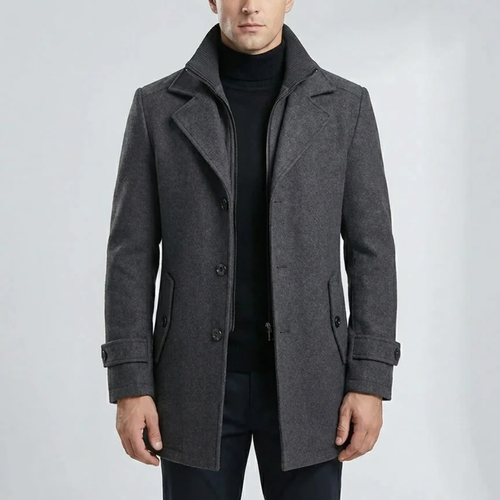 Men's Wool Blend Coat Mid-Length Layered Collar Button-Zip Winter