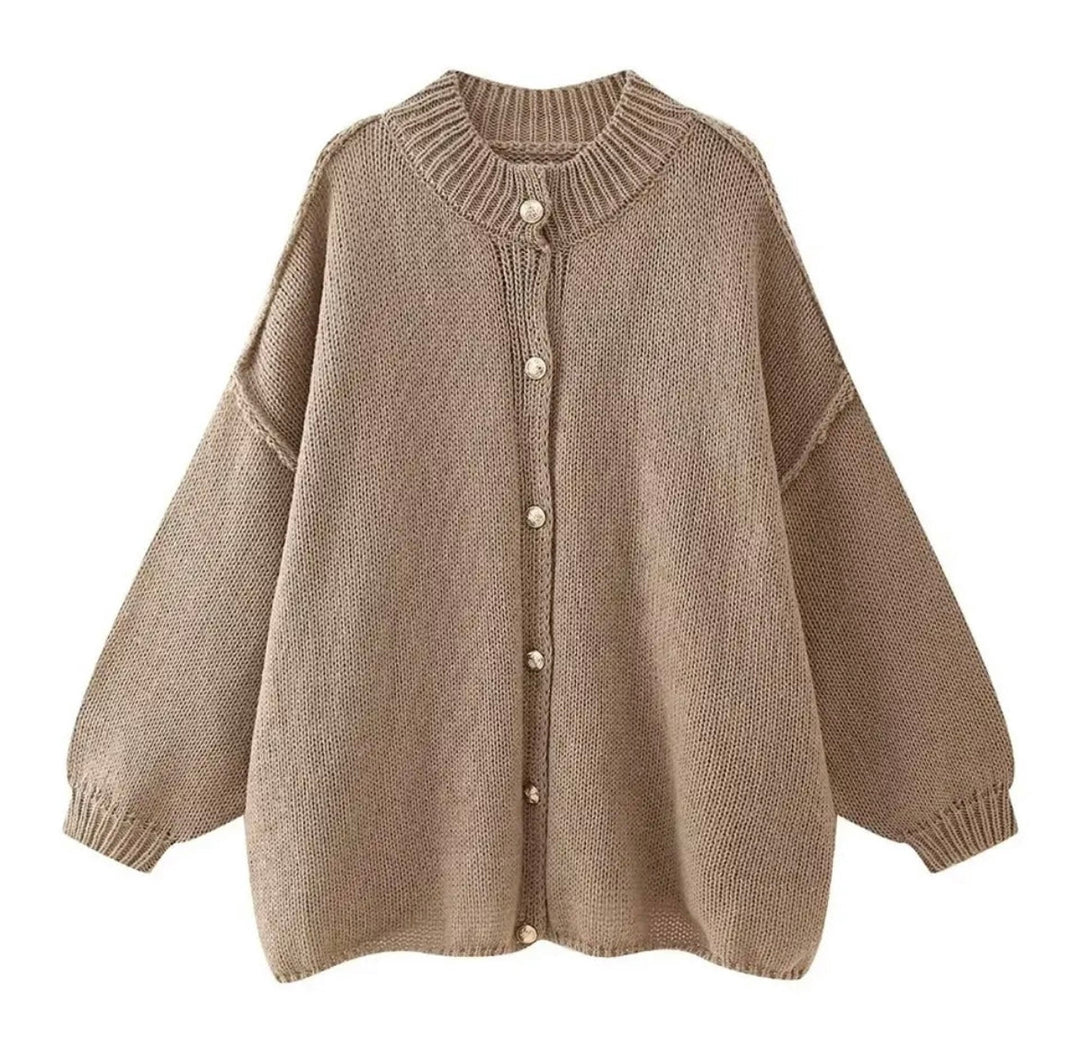 Women's Oversized Chunky Knit Cardigan Button-Front High-Neck Balloon-Sleeve