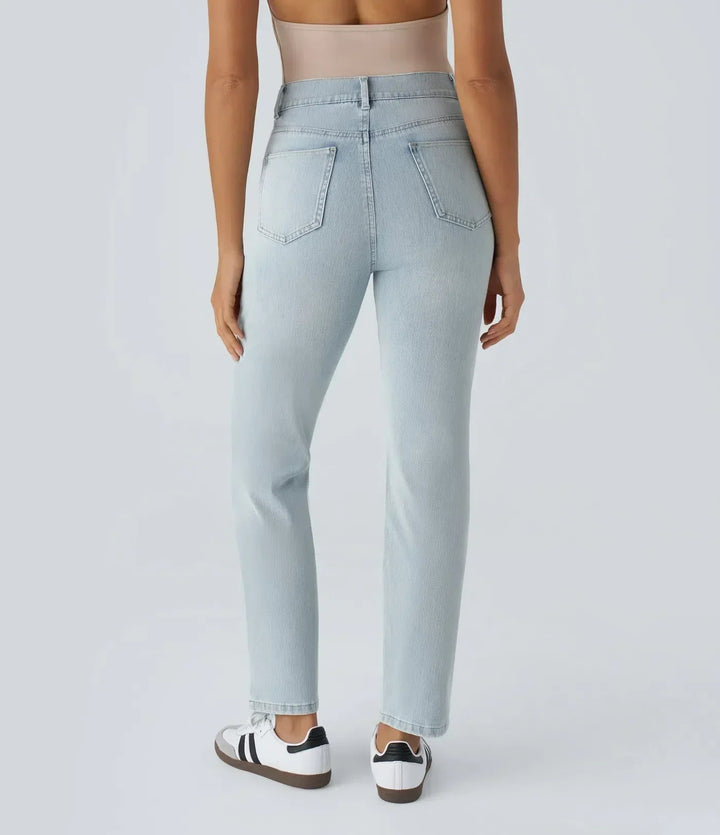 Women's Pull-On Straight Leg Jeans High Waist Elastic Stretch Denim Comfort