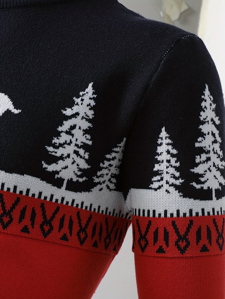 Men's Red Festive Christmas Sweater Reindeer Fair-Isle Crewneck