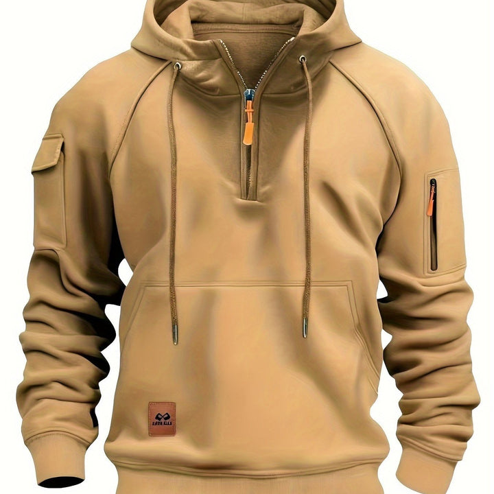Men's Utility Quarter-Zip Hoodie Drawstring Sleeve Pocket Techwear Relaxed