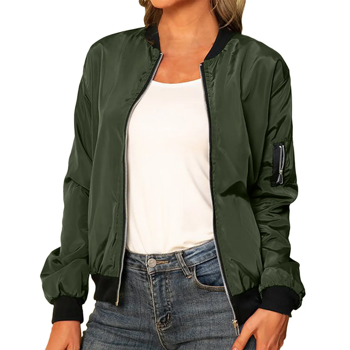 Women's Lightweight Zip-Up Bomber Jacket Ribbed Trim Sleeve Pocket Moto
