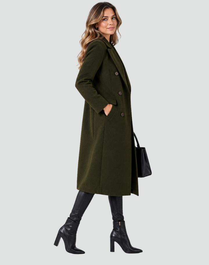 Women's Long Double-Breasted Wool Coat Notch Lapel Tailored Winter Overcoat