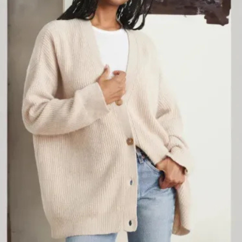 Women's Fine Ribbed Knit Cardigan V-Neck Button-Front Relaxed Longline