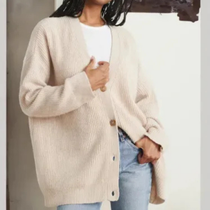 Women's Fine Ribbed Knit Cardigan V-Neck Button-Front Relaxed Longline