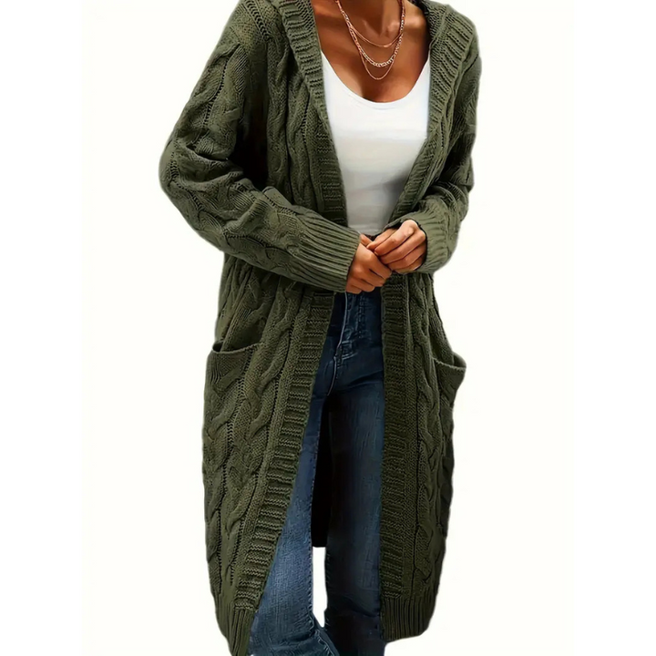 Women's Long Cable Knit Hooded Cardigan Open Front Patch-Pocket Longline