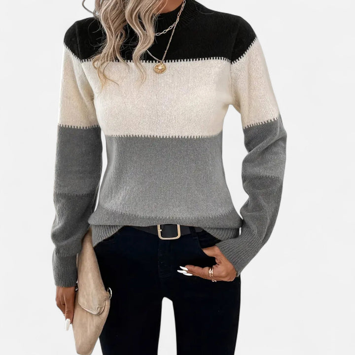 Women's Colorblock Knit Sweater Mock Neck Long-Sleeve Fitted Whipstitch Pullover