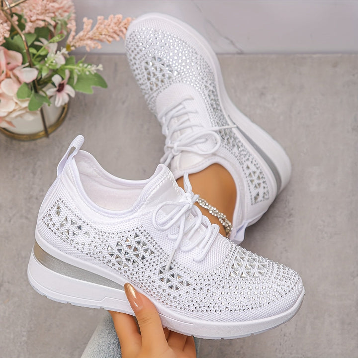 Women's Rhinestone Knit Wedge Sneakers Lace-Up Cushioned Comfort Walking
