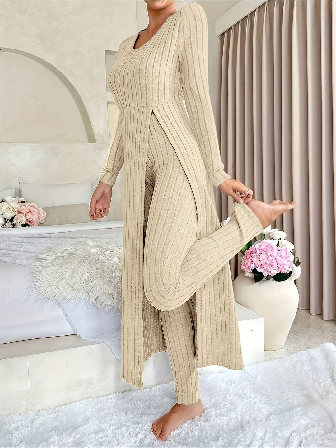 Women's Ribbed Two-Piece Lounge Set Longline Split-Hem Long-Sleeve Pants Cozy