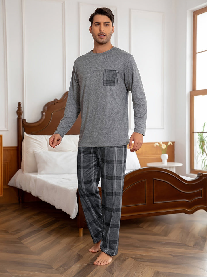 Men's Grey Lounge Set Long-Sleeve Tee Plaid Pants Two-Piece