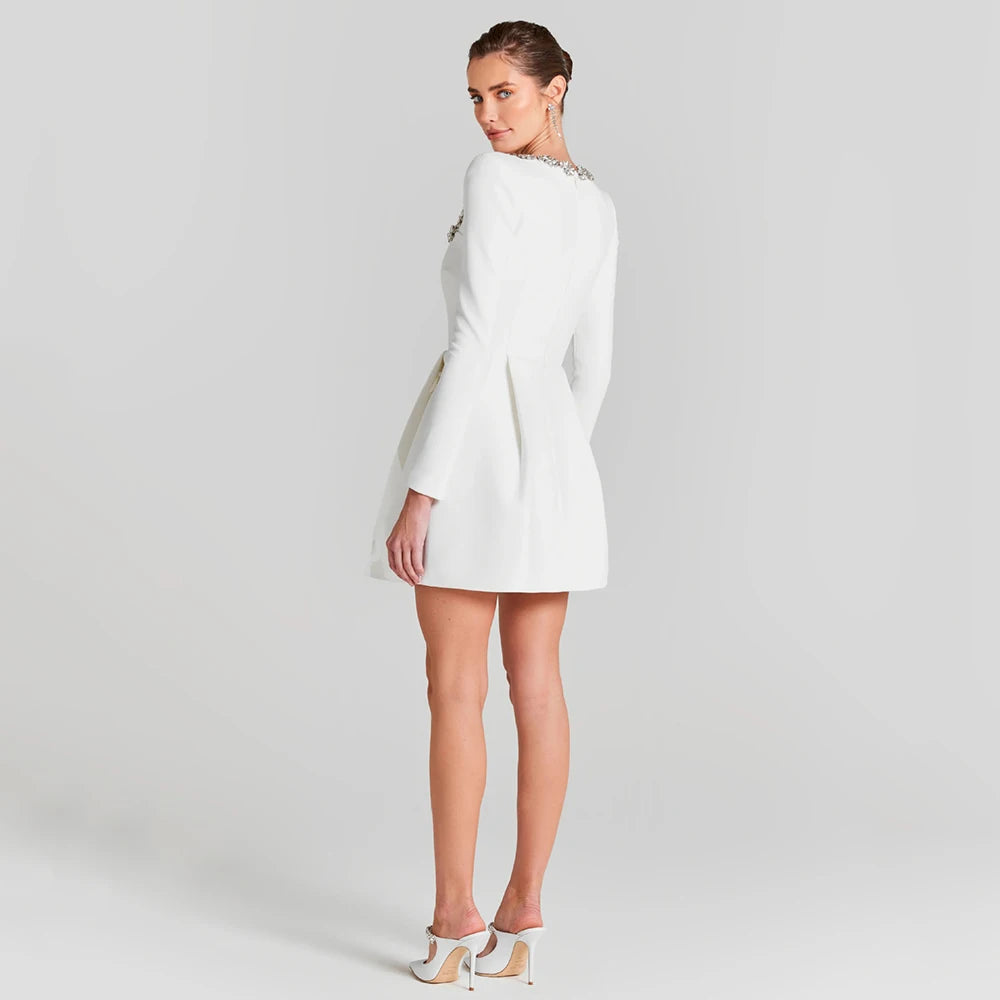 Women's Velvet Mini Dress Square Neck Rhinestone Long-Sleeve A-Line Party