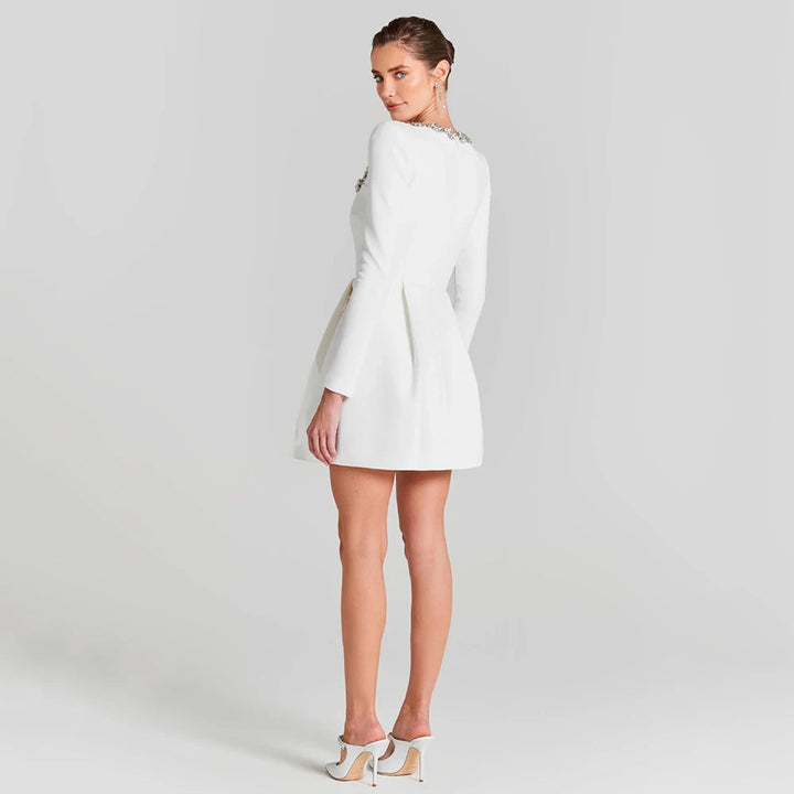Women's Velvet Mini Dress Square Neck Rhinestone Long-Sleeve A-Line Party