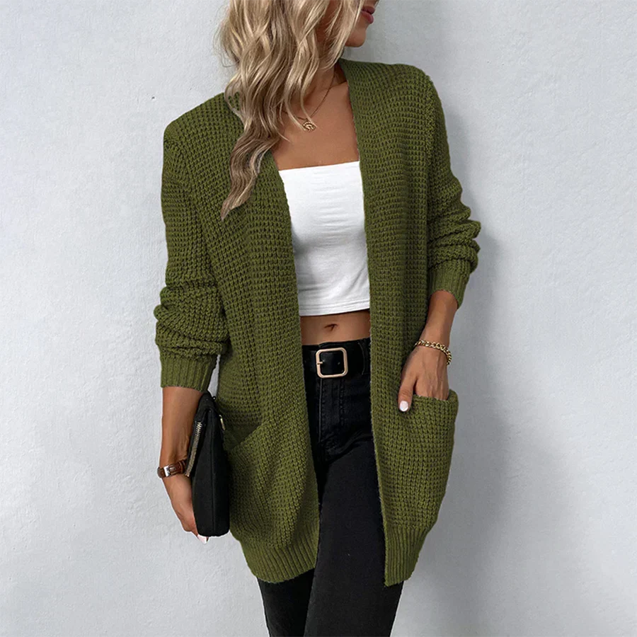 Women's Waffle Knit Open-Front Cardigan Drop-Shoulder Patch-Pocket Relaxed Longline