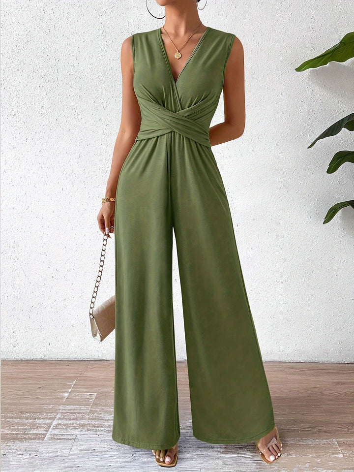 Women's Wide Leg Jumpsuit Sleeveless V-Neck Twist-Front Wrap Flowy Elegant