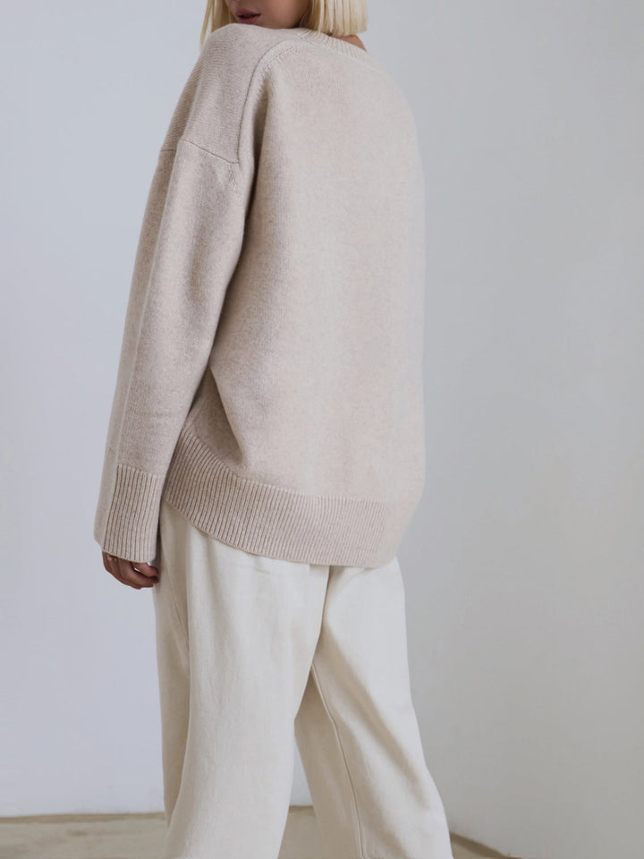 Women's Oversized Knit Sweater Crewneck Drop-Shoulder Ribbed Relaxed Pullover
