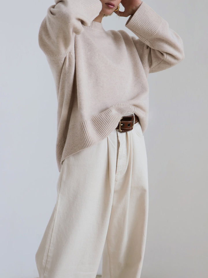Women's Oversized Knit Sweater Crewneck Drop-Shoulder Ribbed Relaxed Pullover