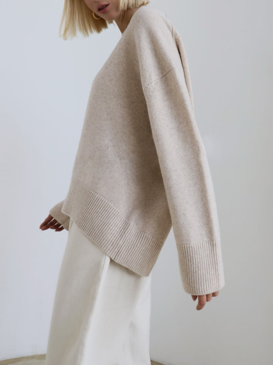 Women's Oversized Knit Sweater Crewneck Drop-Shoulder Ribbed Relaxed Pullover