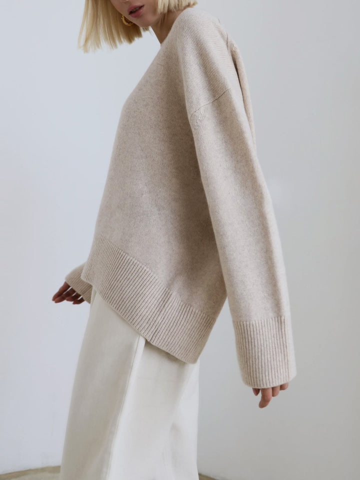 Women's Oversized Knit Sweater Crewneck Drop-Shoulder Ribbed Relaxed Pullover