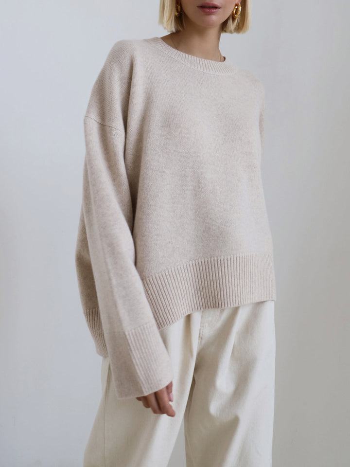 Women's Oversized Knit Sweater Crewneck Drop-Shoulder Ribbed Relaxed Pullover