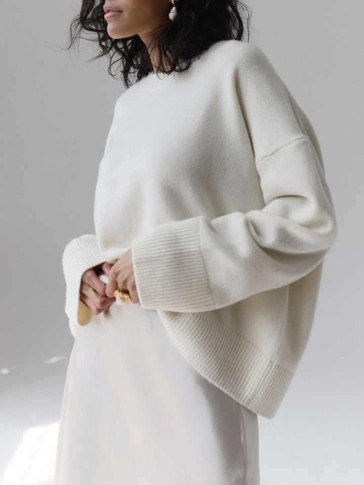 Women's Oversized Knit Sweater Crewneck Drop-Shoulder Ribbed Relaxed Pullover