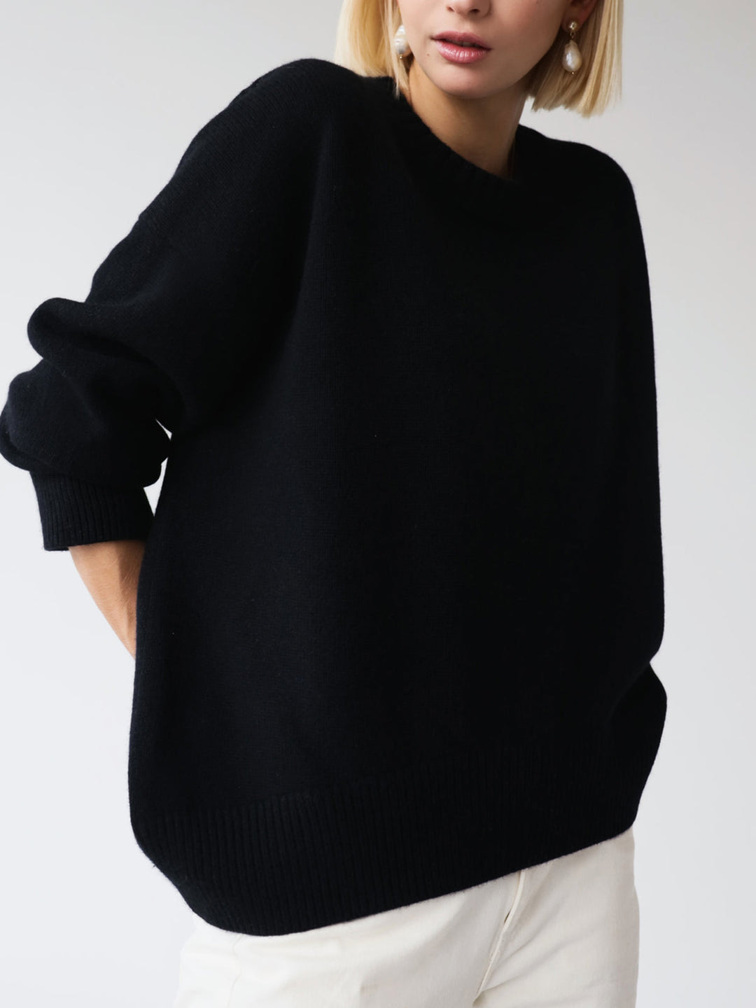 Women's Oversized Knit Sweater Crewneck Drop-Shoulder Ribbed Relaxed Pullover