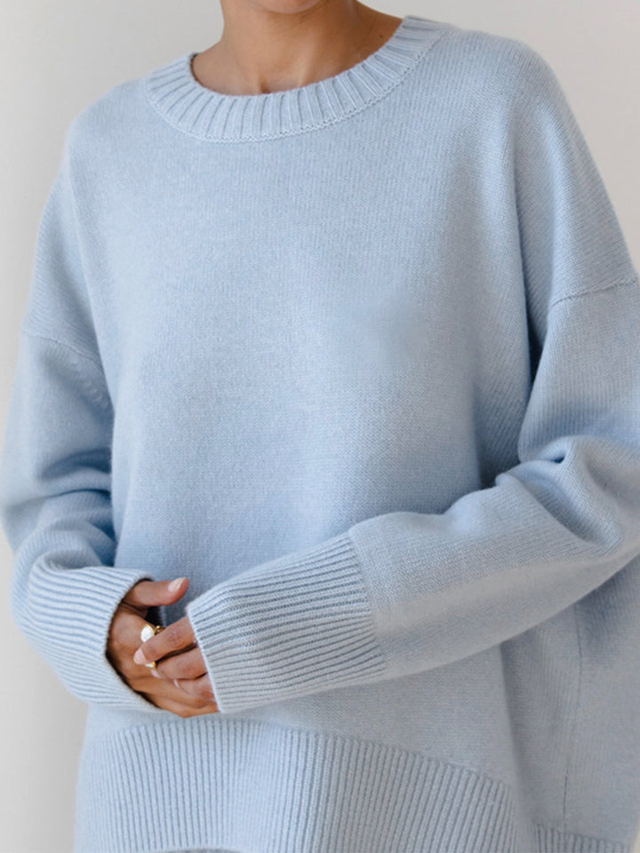 Women's Oversized Knit Sweater Crewneck Drop-Shoulder Ribbed Relaxed Pullover