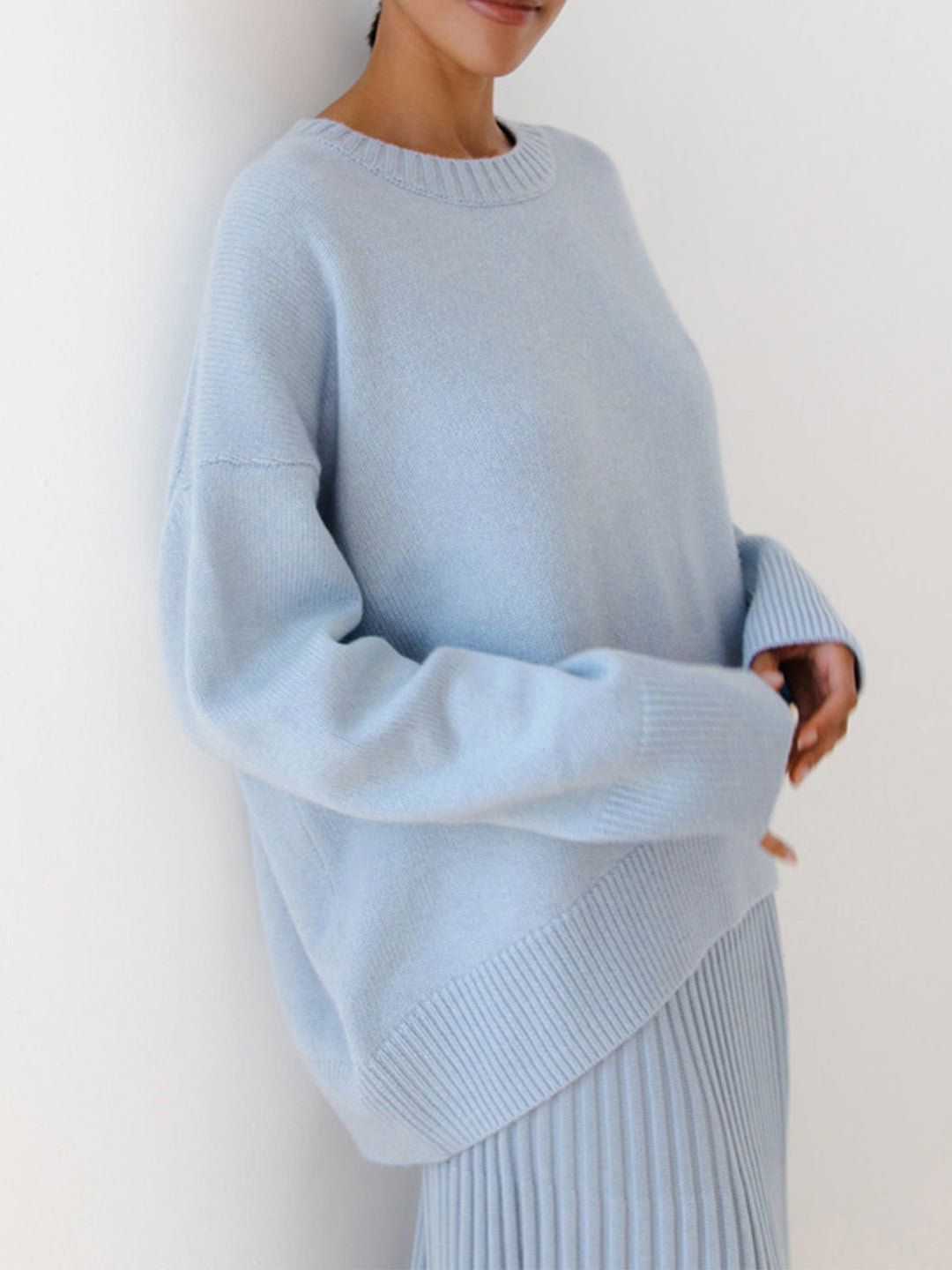 Women's Oversized Knit Sweater Crewneck Drop-Shoulder Ribbed Relaxed Pullover