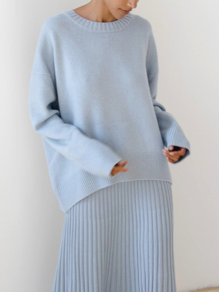 Women's Oversized Knit Sweater Crewneck Drop-Shoulder Ribbed Relaxed Pullover