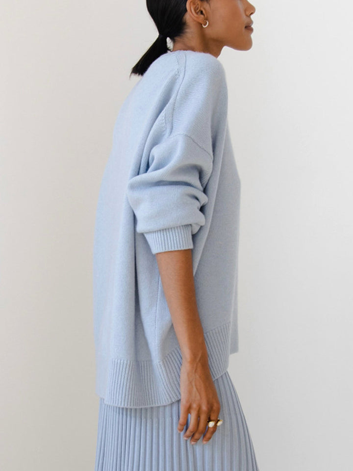 Women's Oversized Knit Sweater Crewneck Drop-Shoulder Ribbed Relaxed Pullover