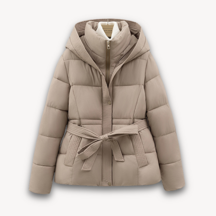 Women's Belted Hooded Puffer Jacket Full-Zip Quilted Fitted-Waist Warm