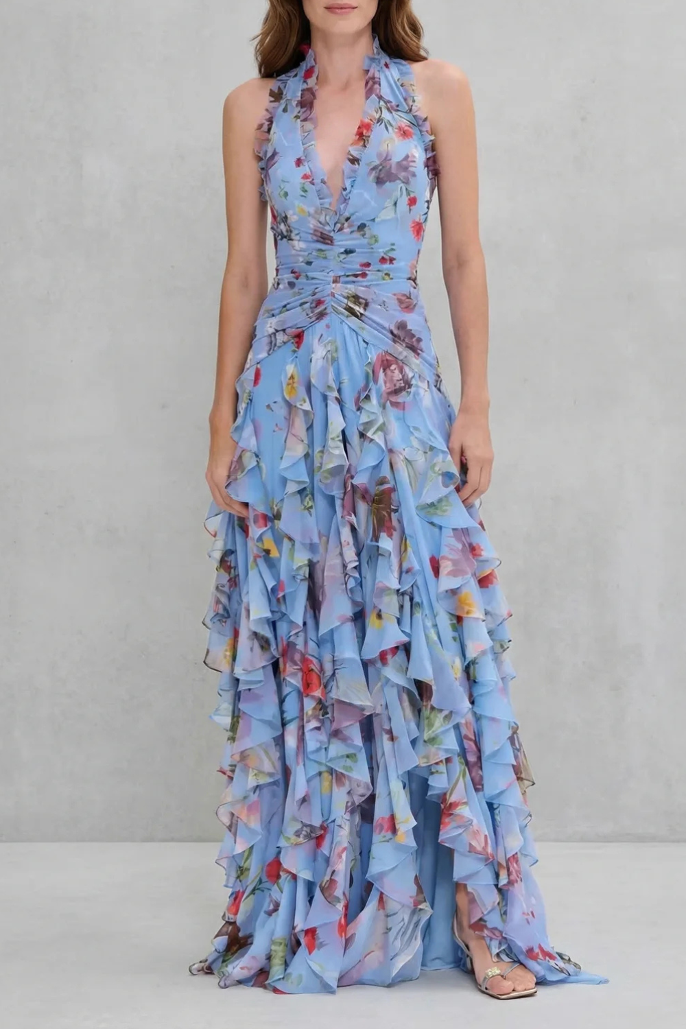 Women's Floral Maxi Dress Halter Neck Ruffle Cascade Deep-V Flowy Elegant