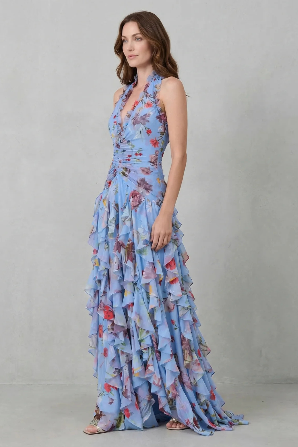 Women's Floral Maxi Dress Halter Neck Ruffle Cascade Deep-V Flowy Elegant