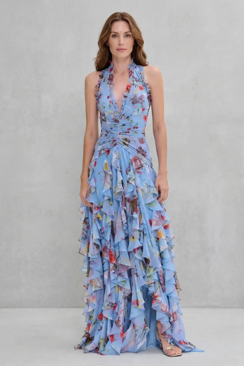 Women's Floral Maxi Dress Halter Neck Ruffle Cascade Deep-V Flowy Elegant