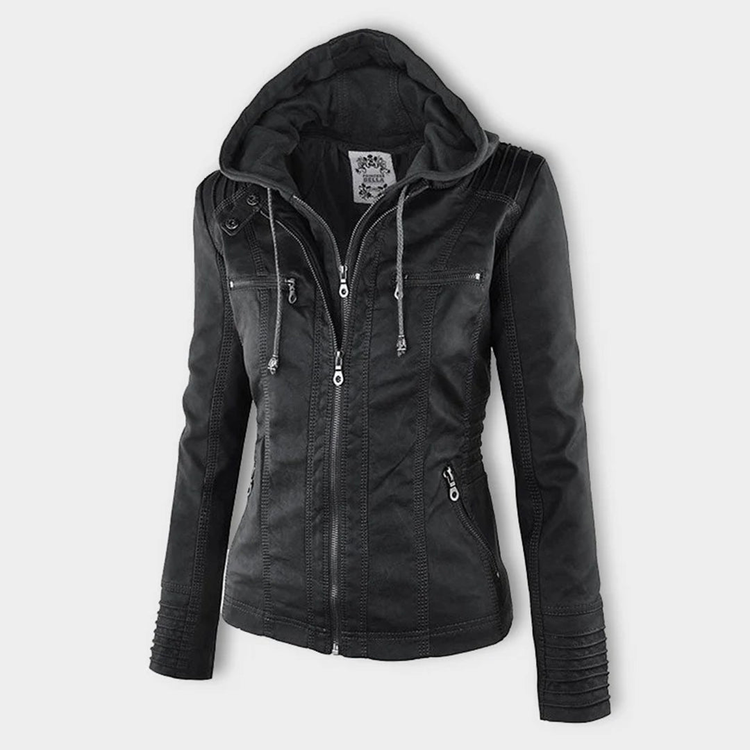 Women's Faux Leather Moto Jacket Band Collar Zip-Up Fitted Ribbed